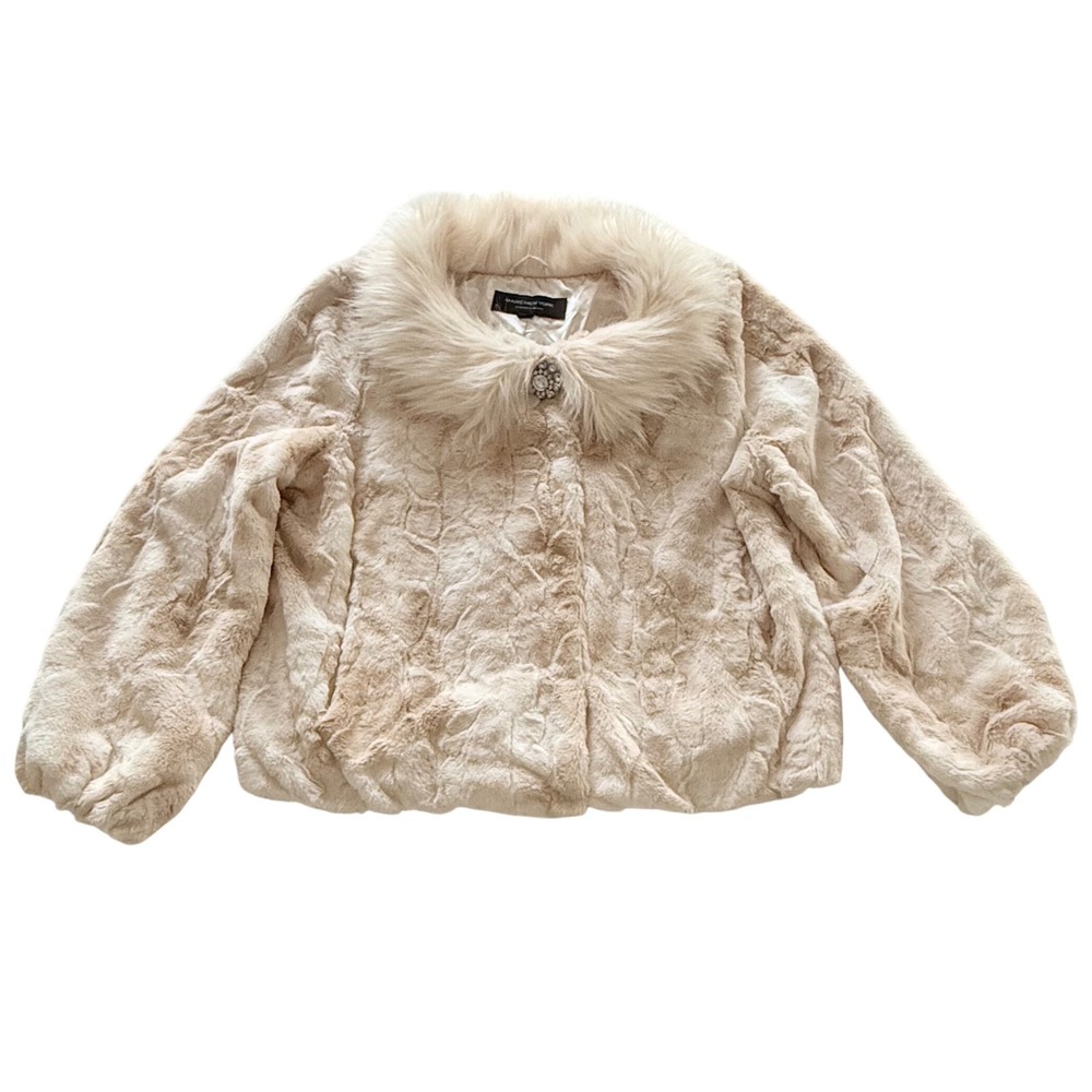 Marc New York Faux Fur Jacket Women Medium Cream Rhinestone Brooch Glam Luxe